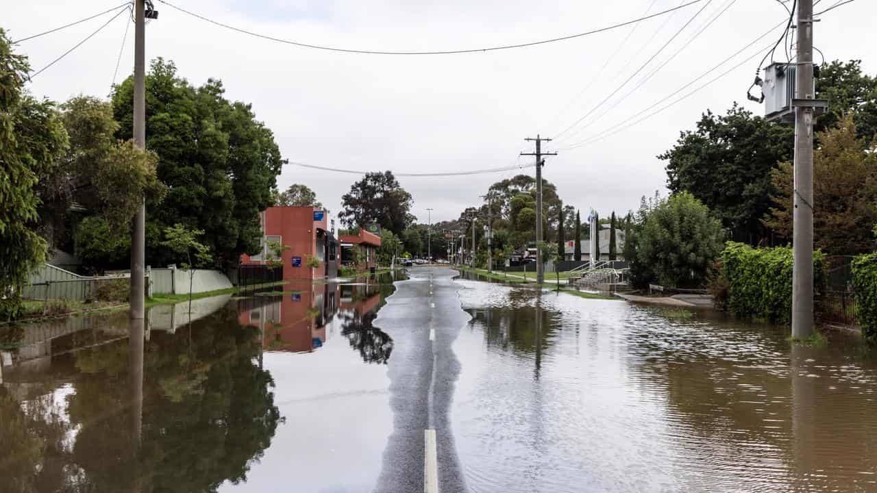 Floodwater in centre of Seymour, Victoria.