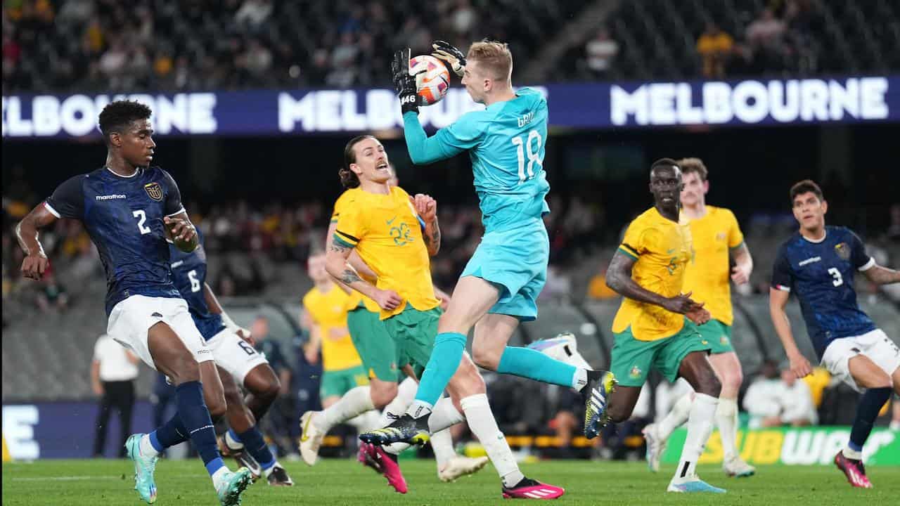 Joe Gauci on his Socceroos debut against Ecuador. 