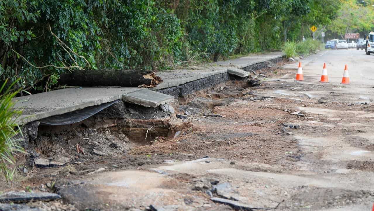 Flood-damaged road in Cairns.