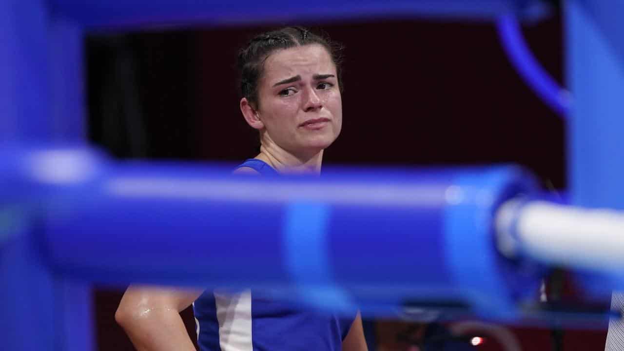 Skye Nicolson disconsolate at losing at the Tokyo Olympics.