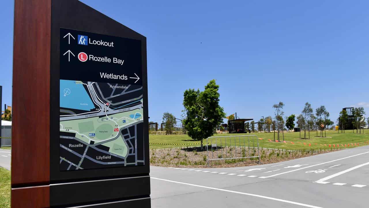 Signs and barricades are placed around Rozelle Parklands