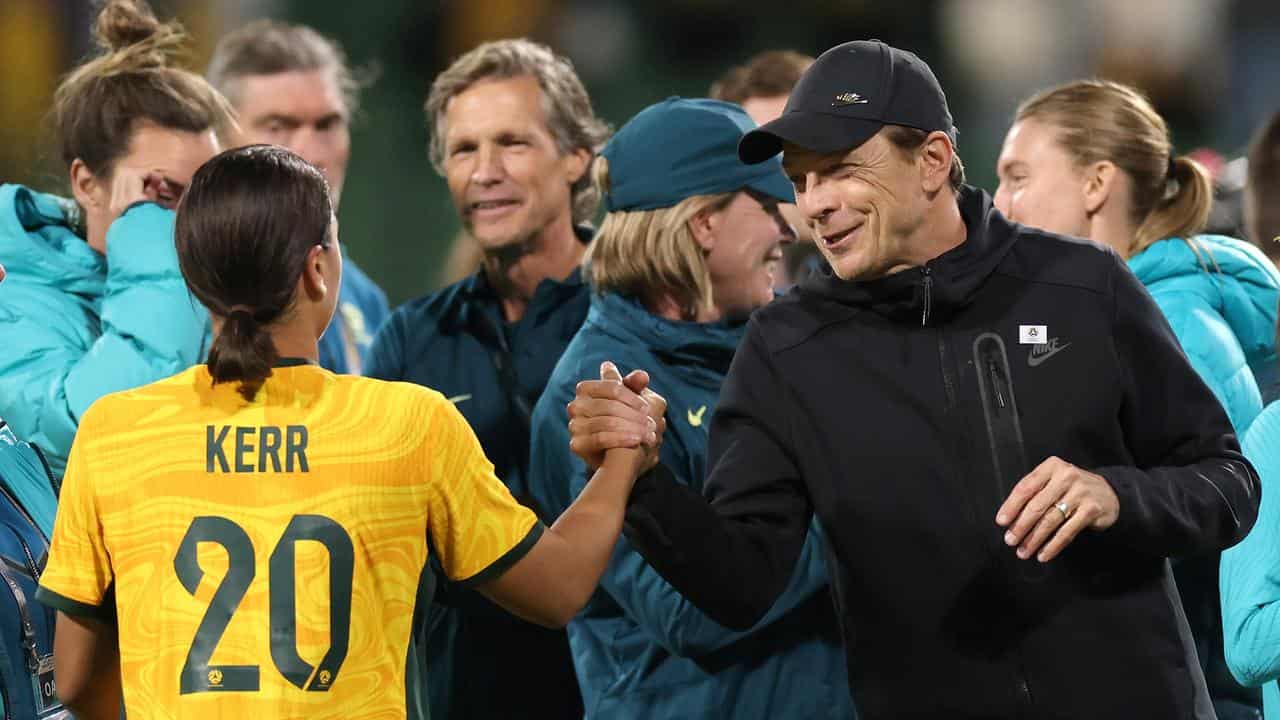 Sam Kerr and Matildas coach Tony Gustavsson. 