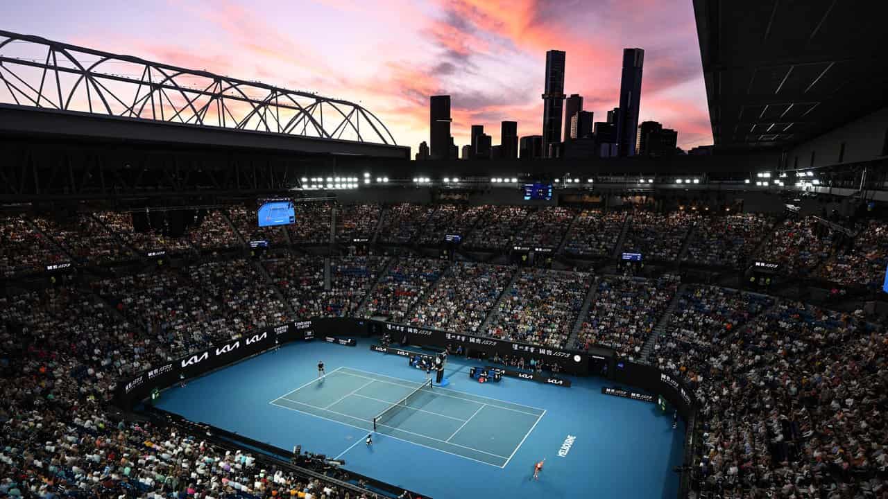 The Melbourne skyline during Alex de Minaur v Milos Raonic.