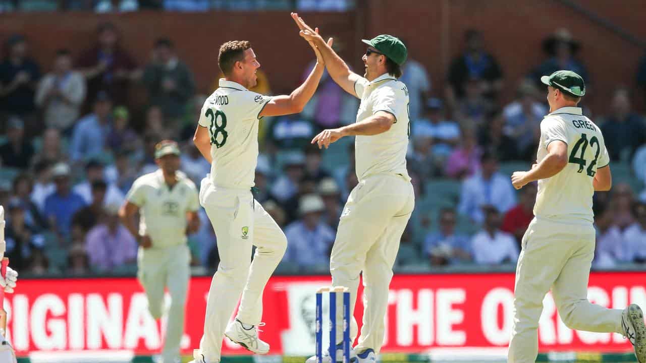 Josh Hazlewood high-fives Mitch Marsh