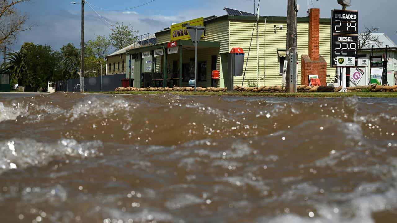 Flood water at the general store in Tinamba.