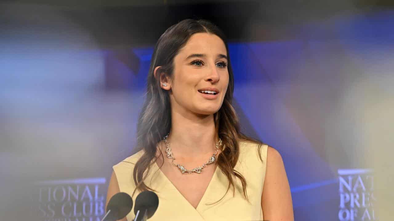 Chanel Contos speaks at the National Press Club.