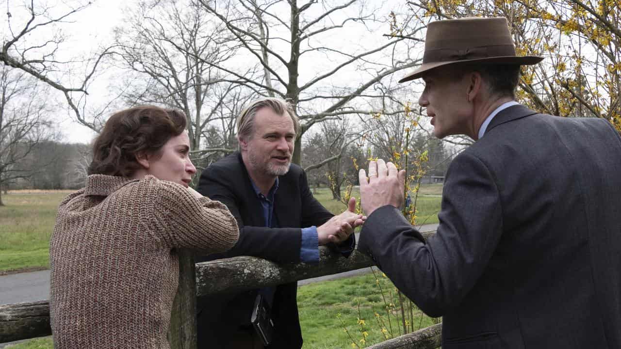 Emily Blunt, Christopher Nolan and Cillian Murphy on Oppenheimer's set