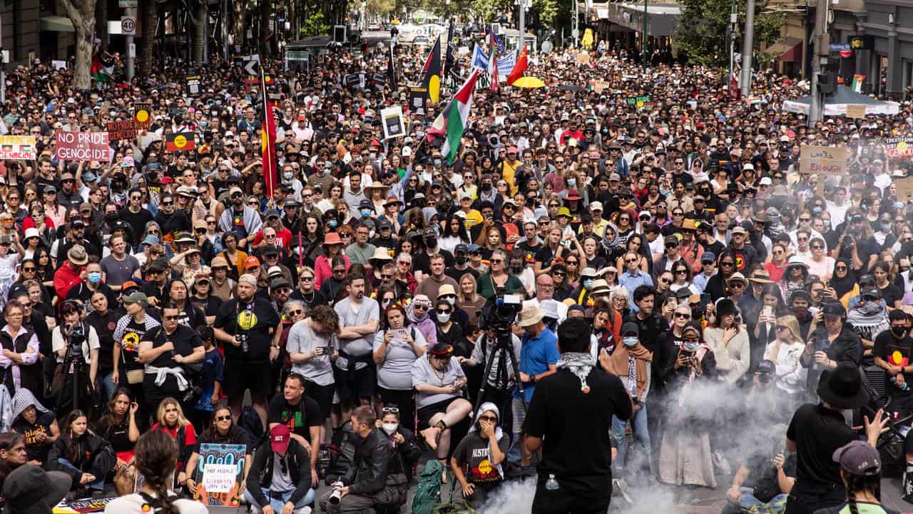 People outside the Victorian Parliament for the Invasion Day rally