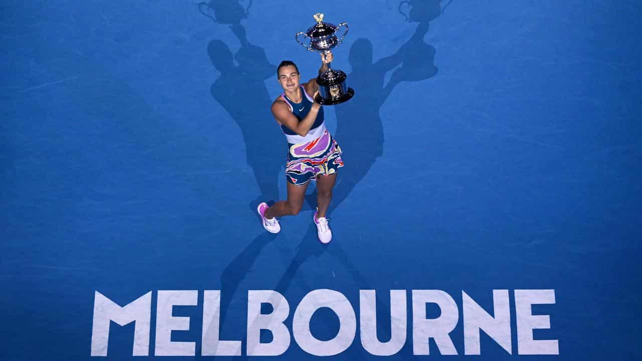 Aryna Sabalenka with the 2023 Australian Open trophy. 