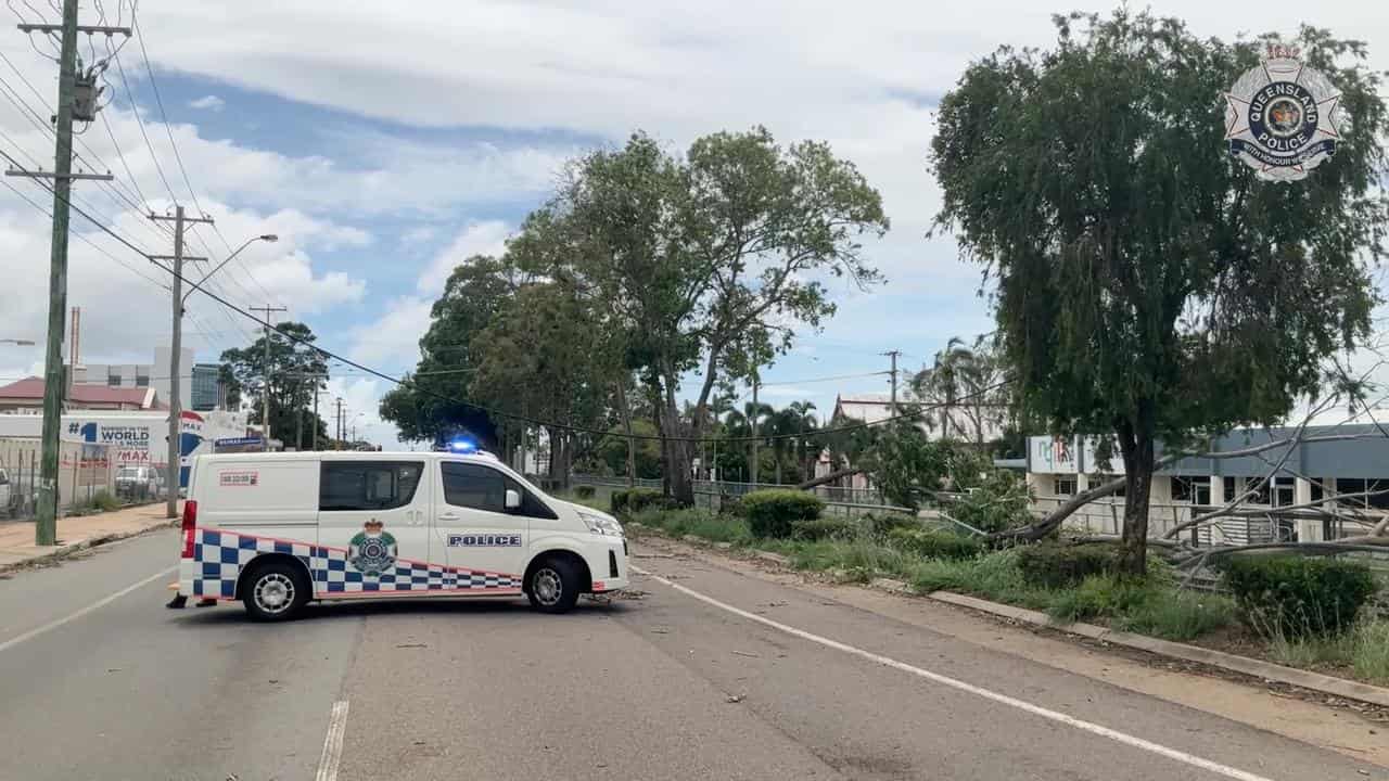 A low-hanging power line and debris at Townsville