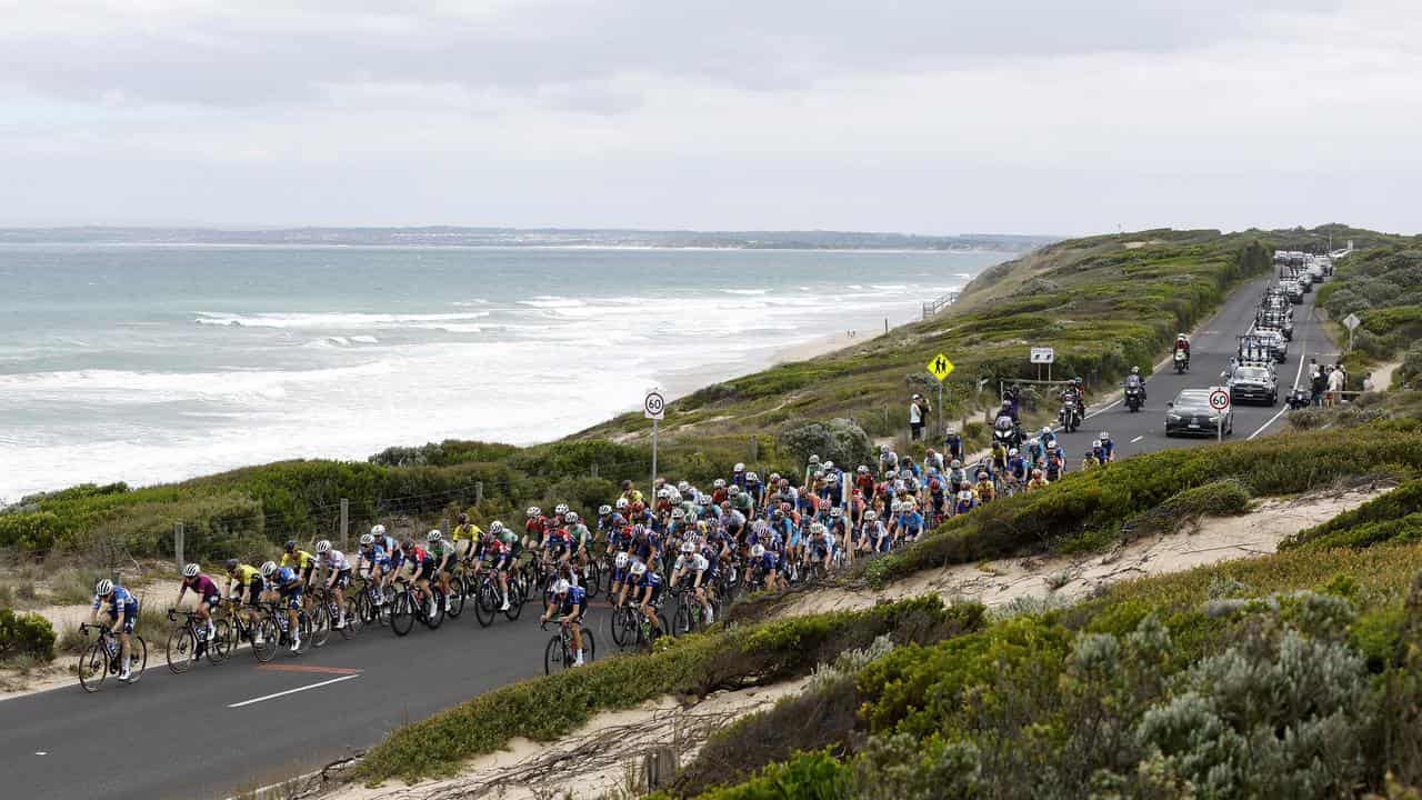 Peloton during the 2024 Great Ocean Road Race.