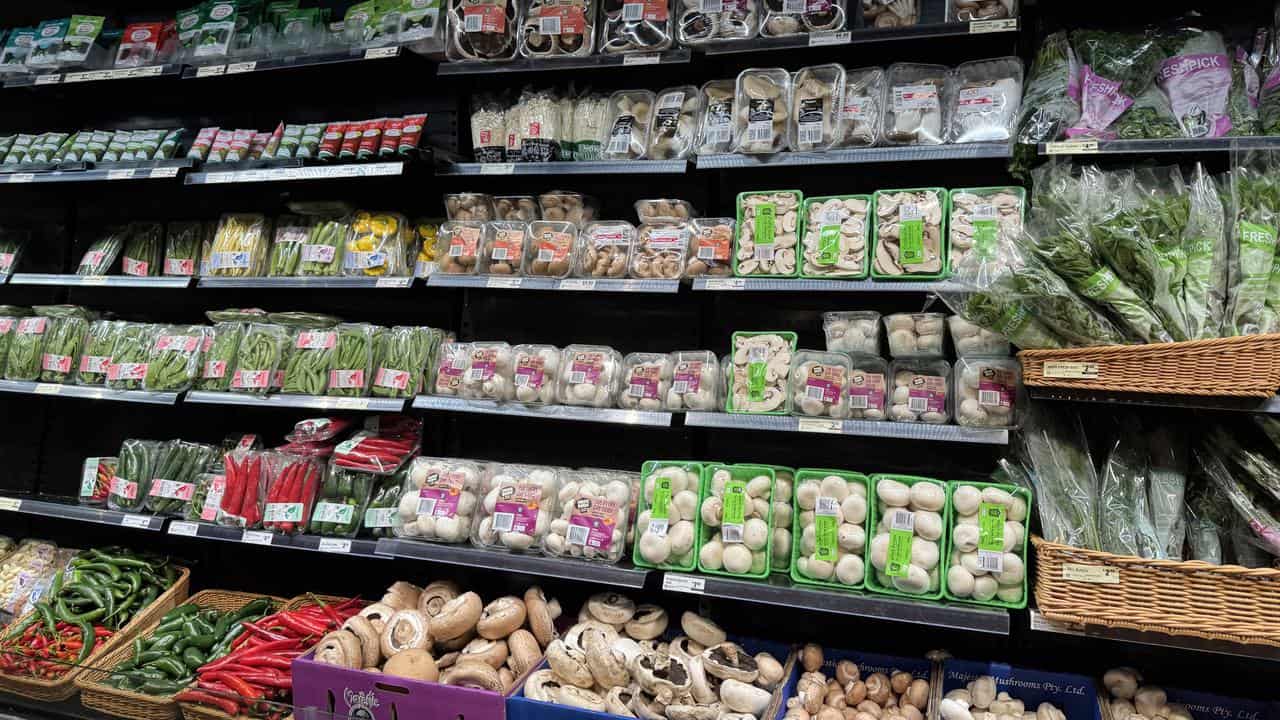 Vegetables and mushrooms are seen at a supermarket in Canberra