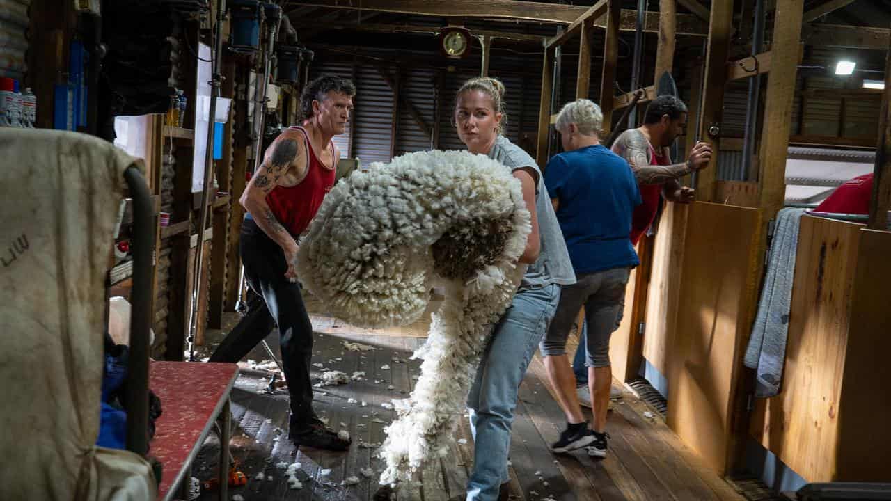 Leila McDougall in a shearing shed for a scene of Just a Farmer.