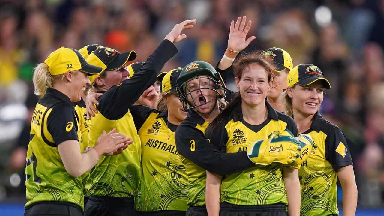 Megan Schutt front at centre during the T20 World Cup in 2020.