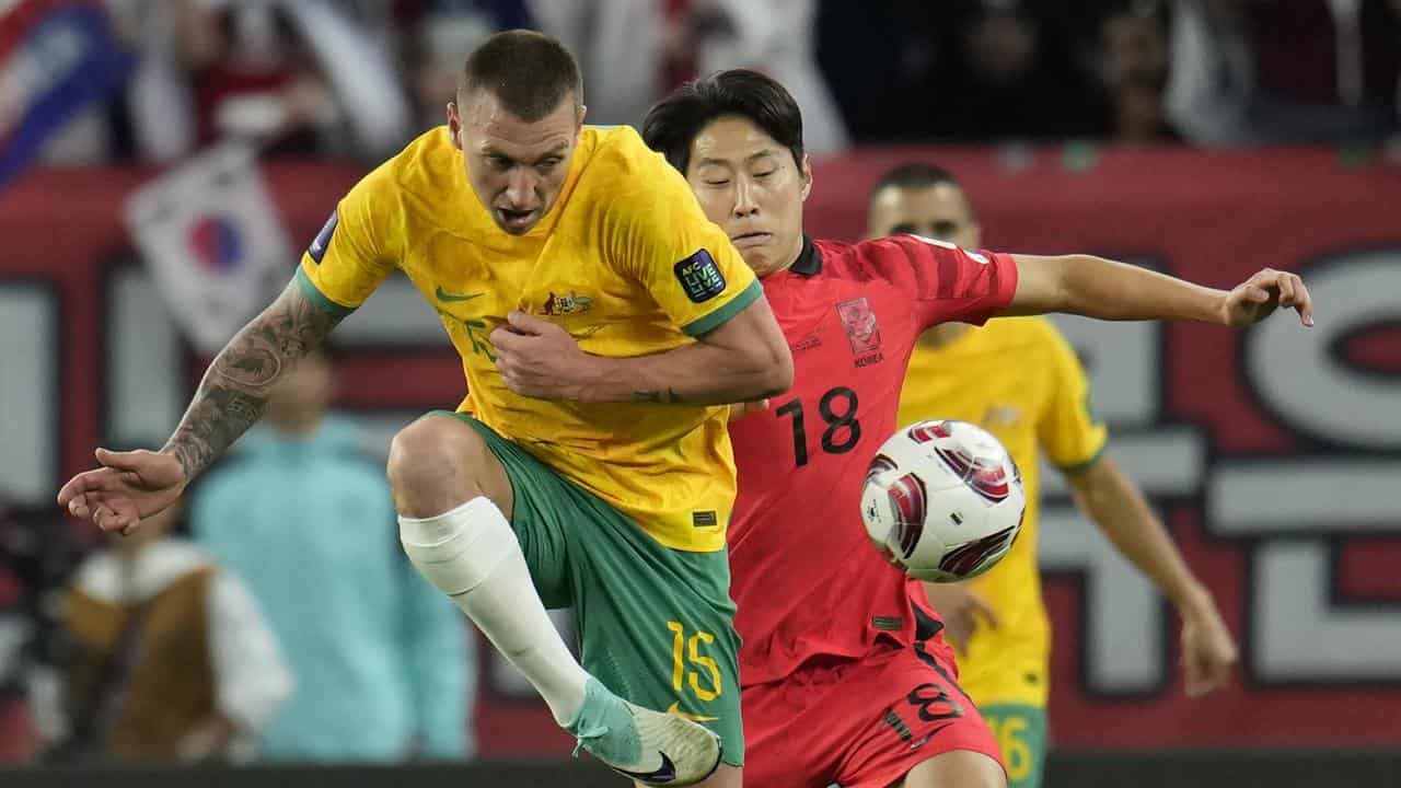 Socceroos striker Mitch Duke in Asian Cup action v South Korea.