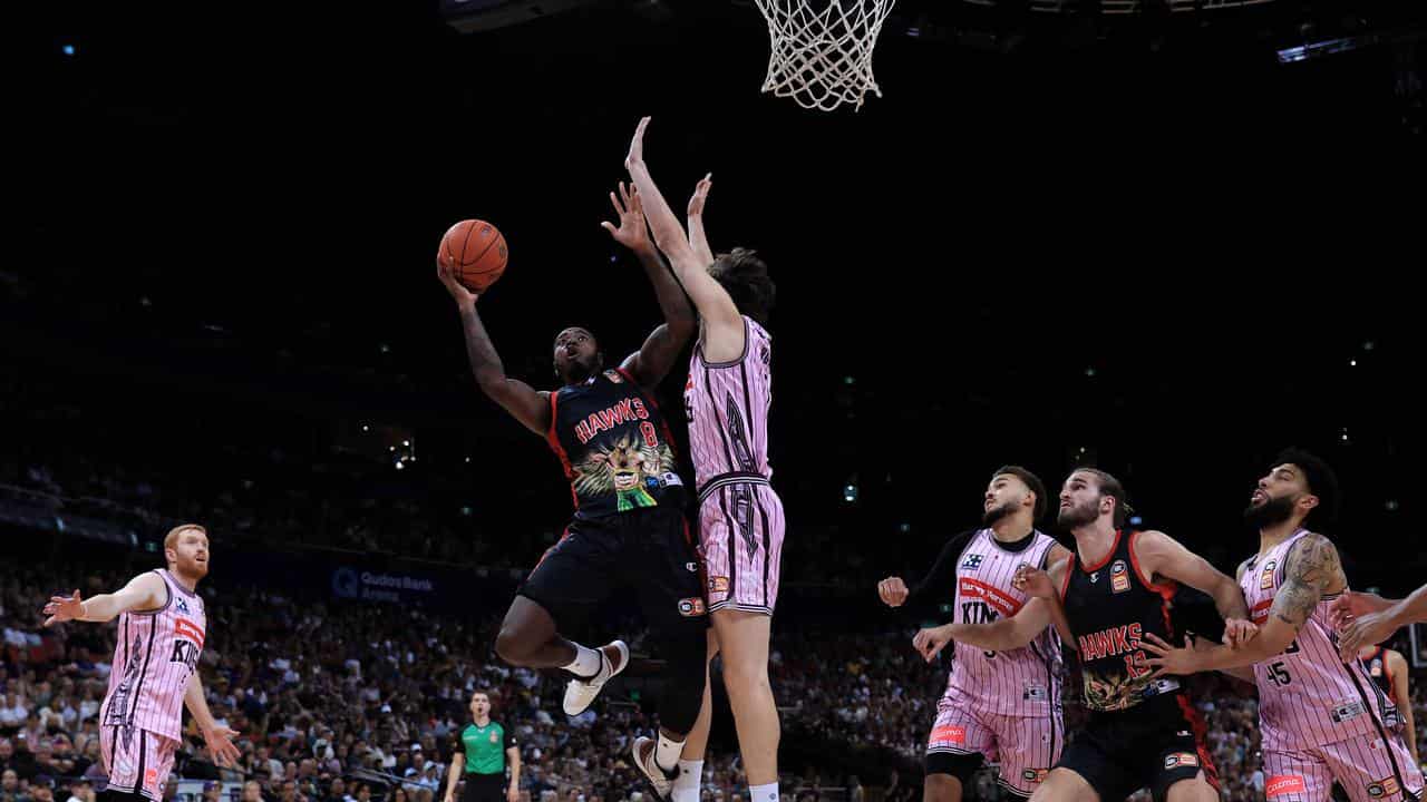 Action from Sydney Kings vs Illawarra Hawks in NBL. 