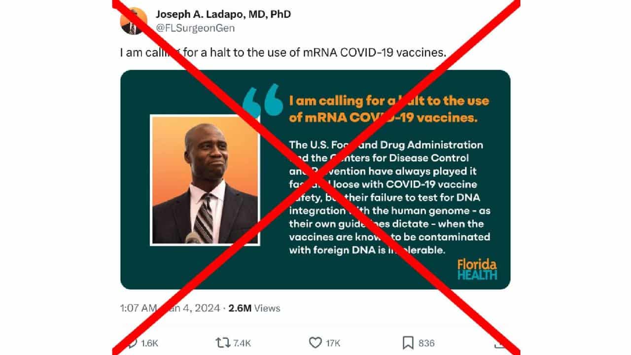 Florida Surgeon General Dr Joseph Ladapo's X post.