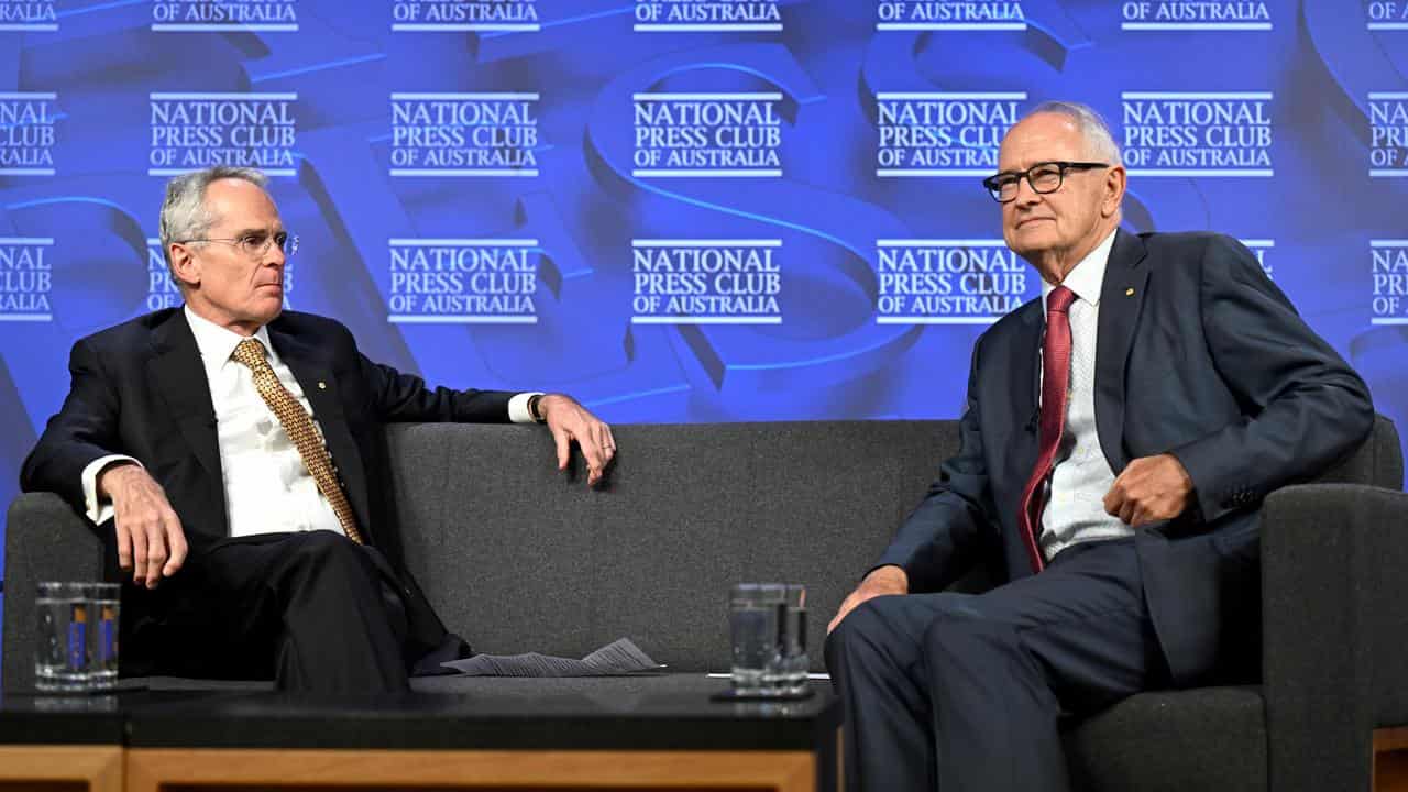 Rod Sims and Ross Garnaut at the National Press Club.