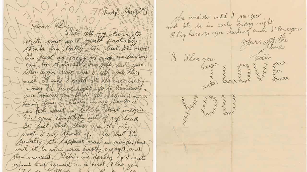 A diptych of a serviceman's love letter in the Australian War Memorial