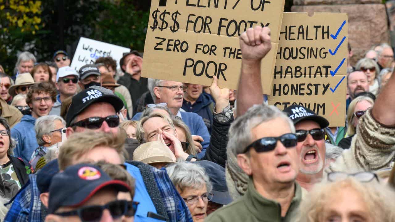 An anti-stadium protest in Hobart in 2023.