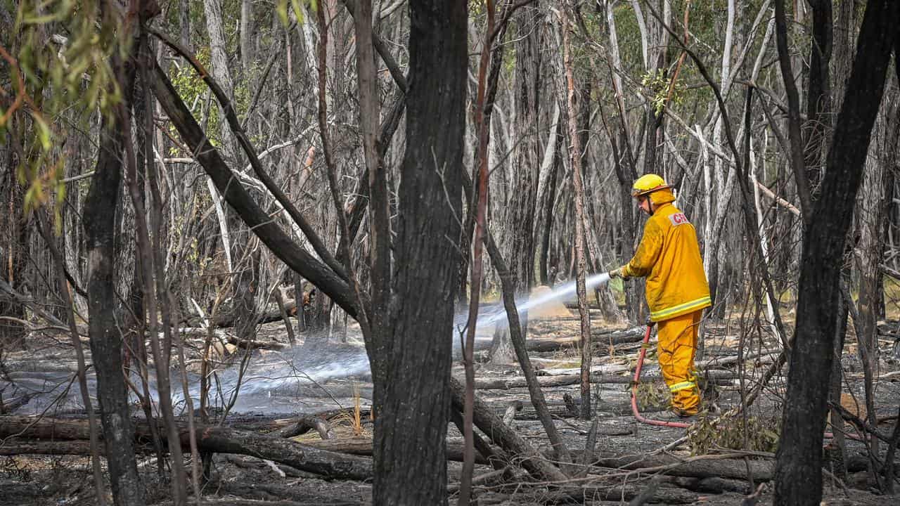 A firefighter douses smouldering timber.