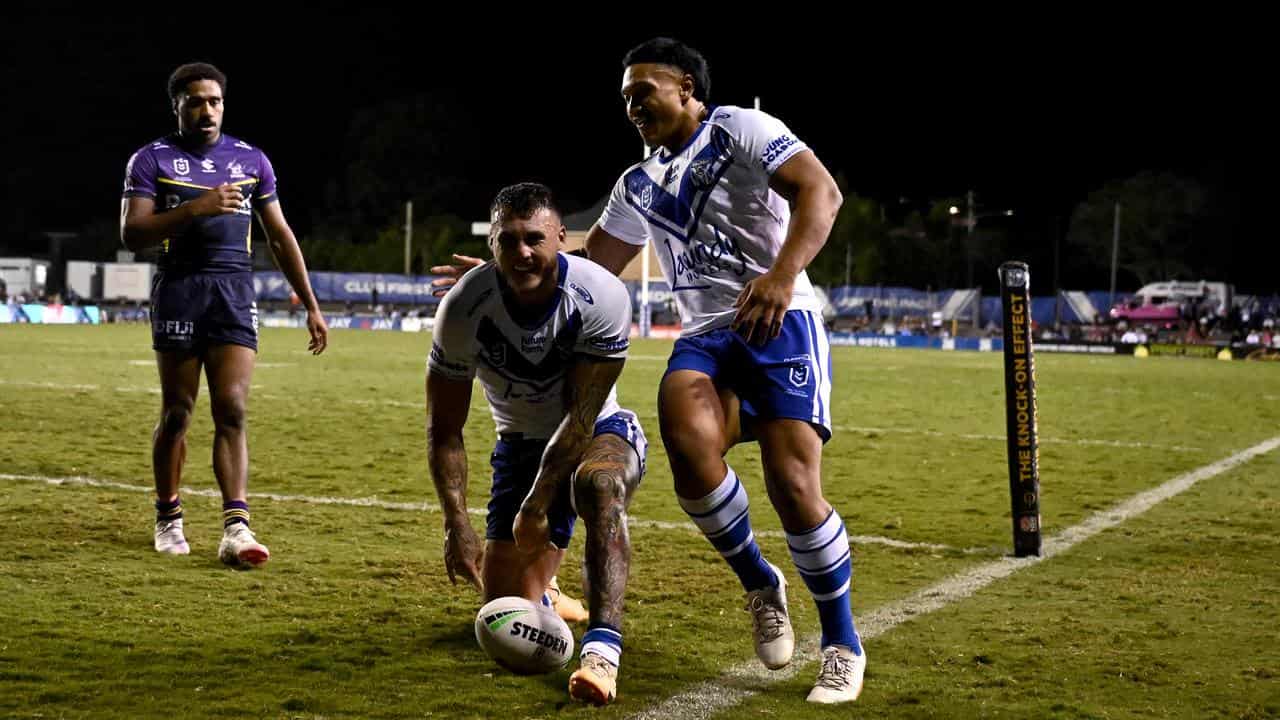 Bronson Xerri scores a try for Canterbury in a pre-season game v Storm