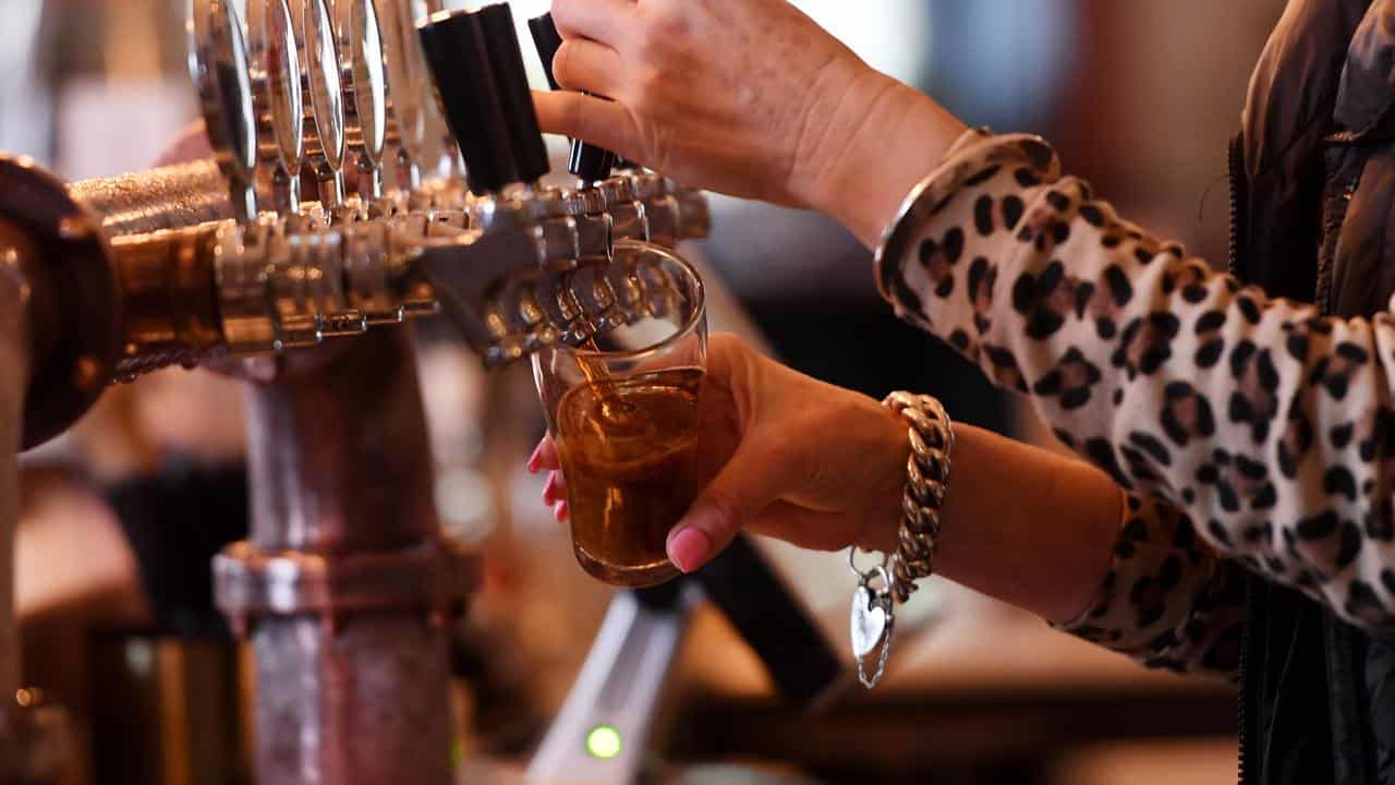 Bartender pours glass of beer.