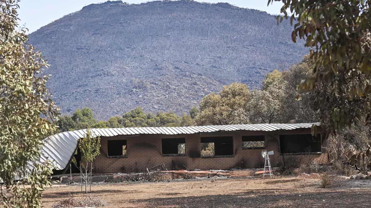 A scorched house at Pomonal, Victoria, one of 44 homes lost to fire.