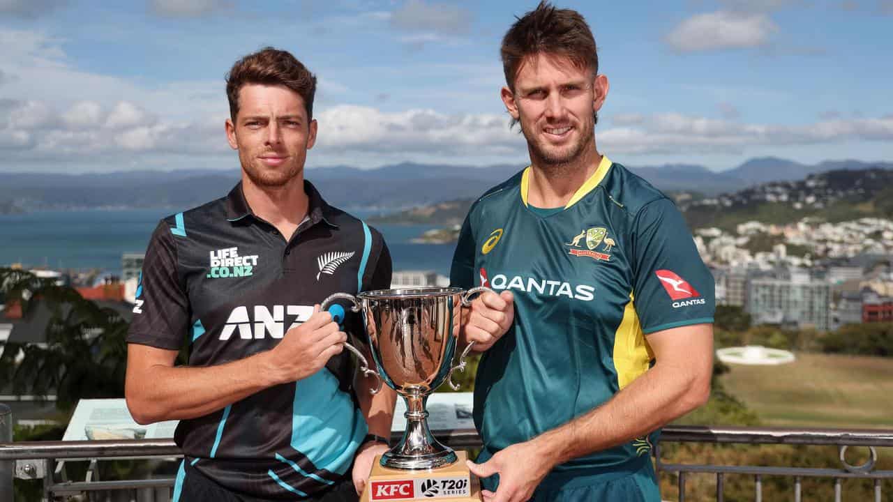 Kiwis captain Mitchell Santner and Australia skipper Mitchell Marsh.