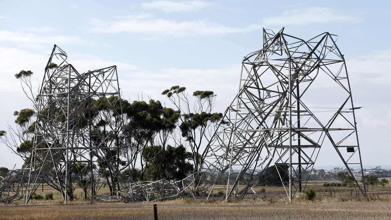 Damaged transmission towers at Anakie in Melbourne.