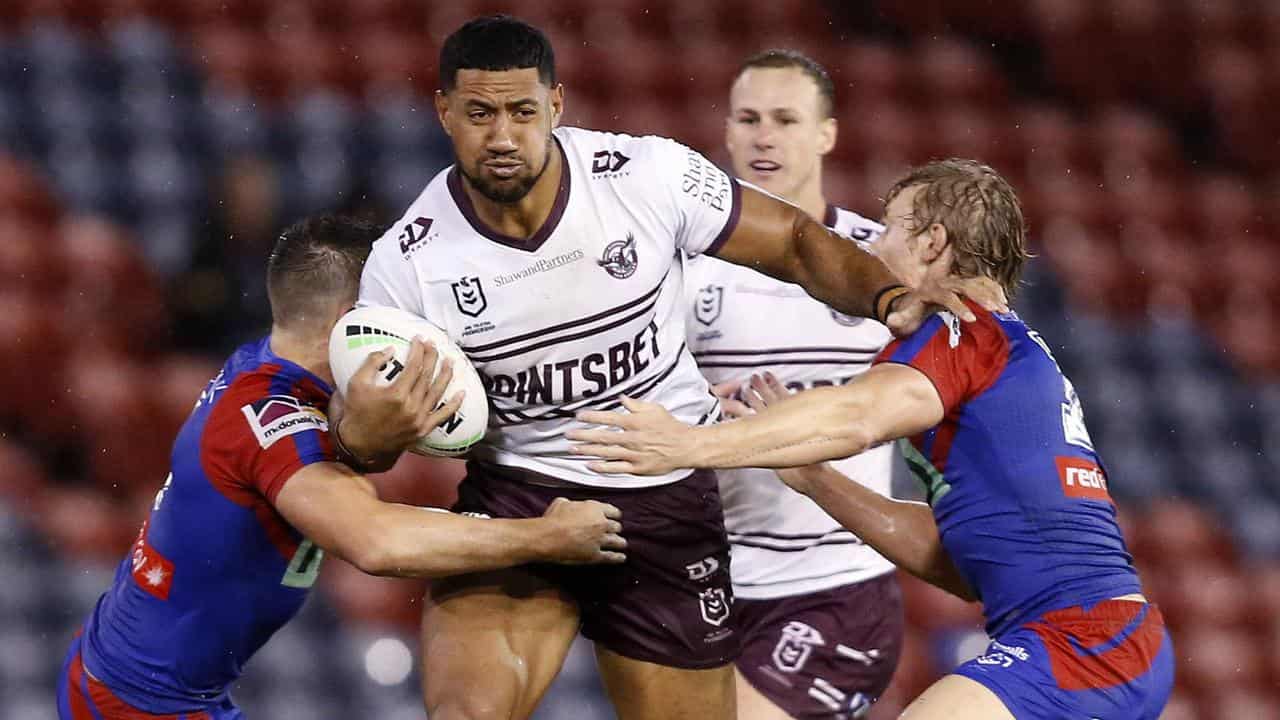 Taniela Paseka in action for Manly against Newcastle.