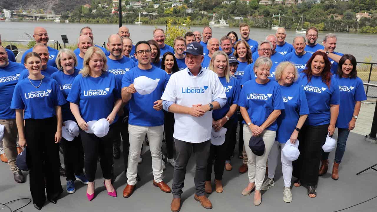 Liberal leader Jeremy Rockliff with supporters and candidates