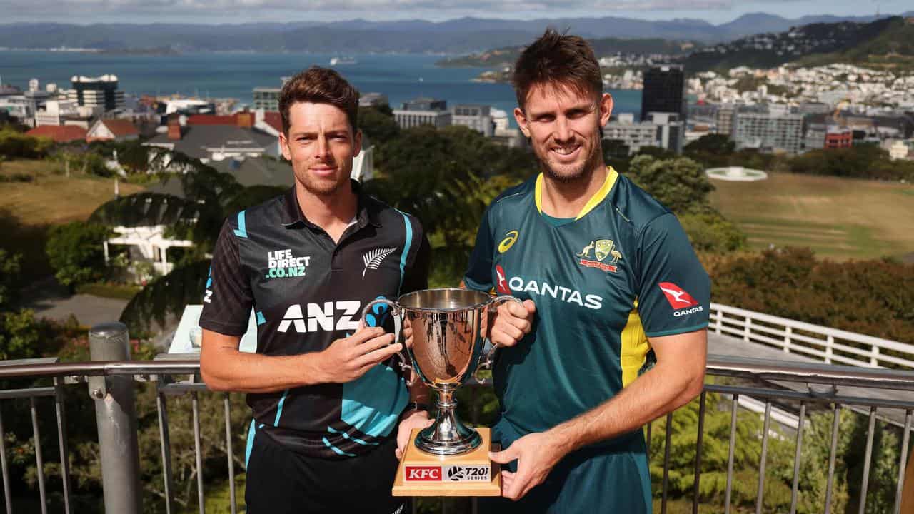 NZ captain Mitchell Santner (left) and Mitch Marsh.