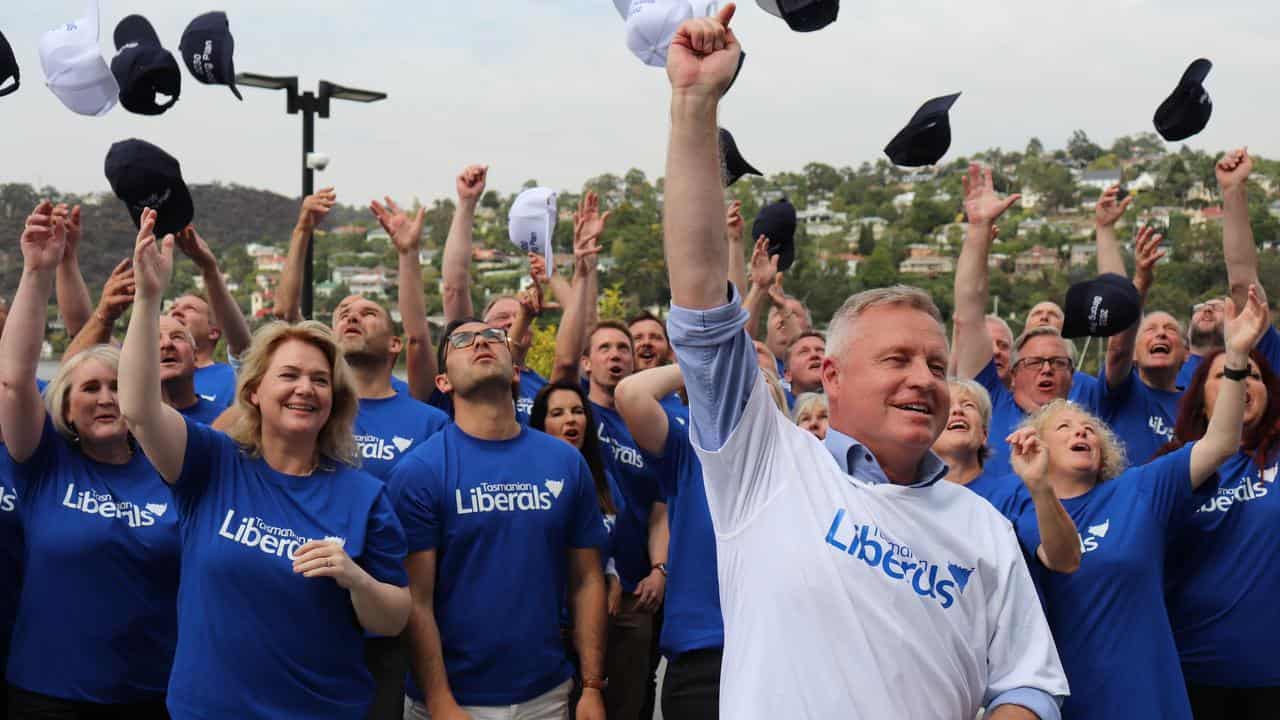 Liberal leader Jeremy Rockliff with supporters and candidates.