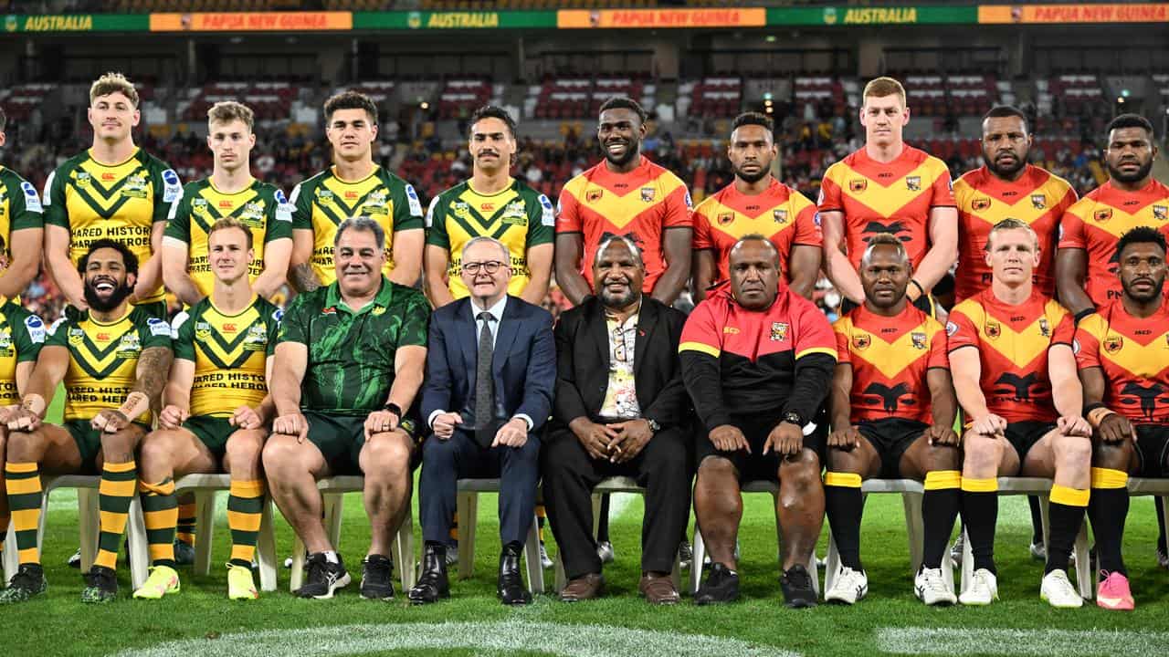 Anthony Albanese and James Marape in a group photo.