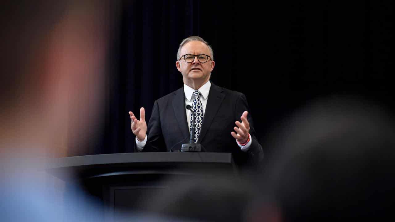 Anthony Albanese at lectern