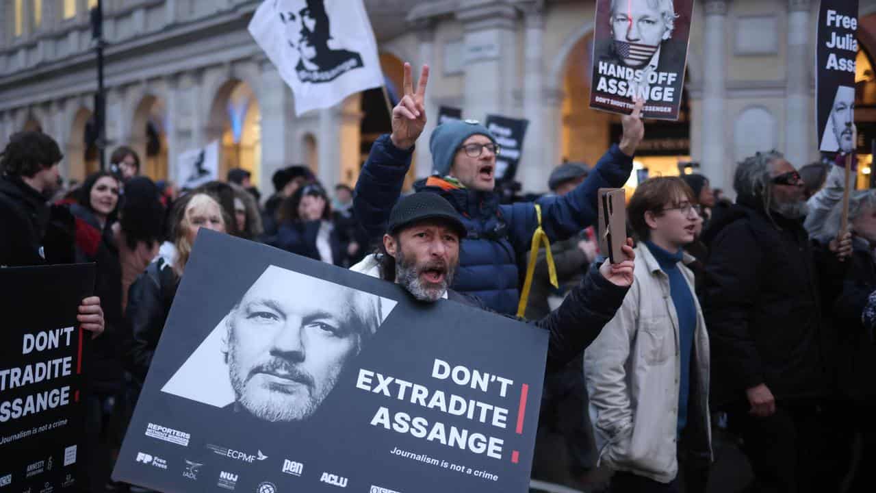 Julian Assange's supporters outside court in London.