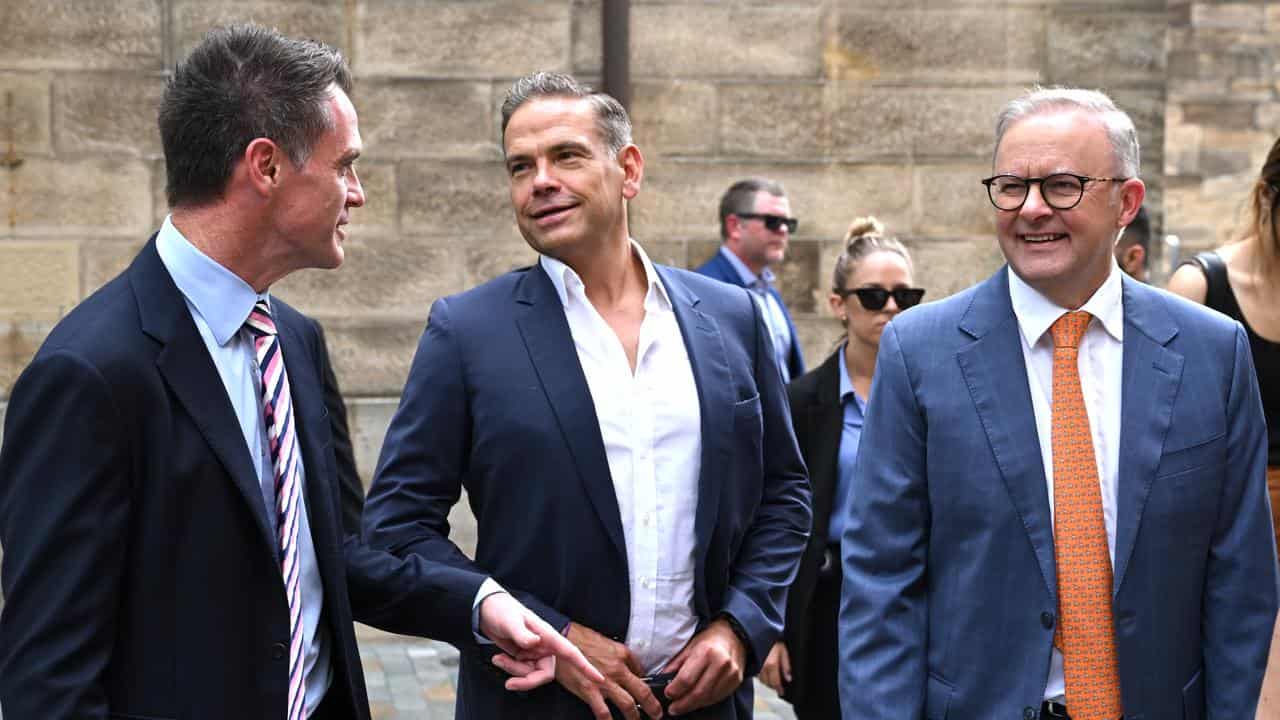 Chris Minns, Lachlan Murdoch and Anthony Albanese