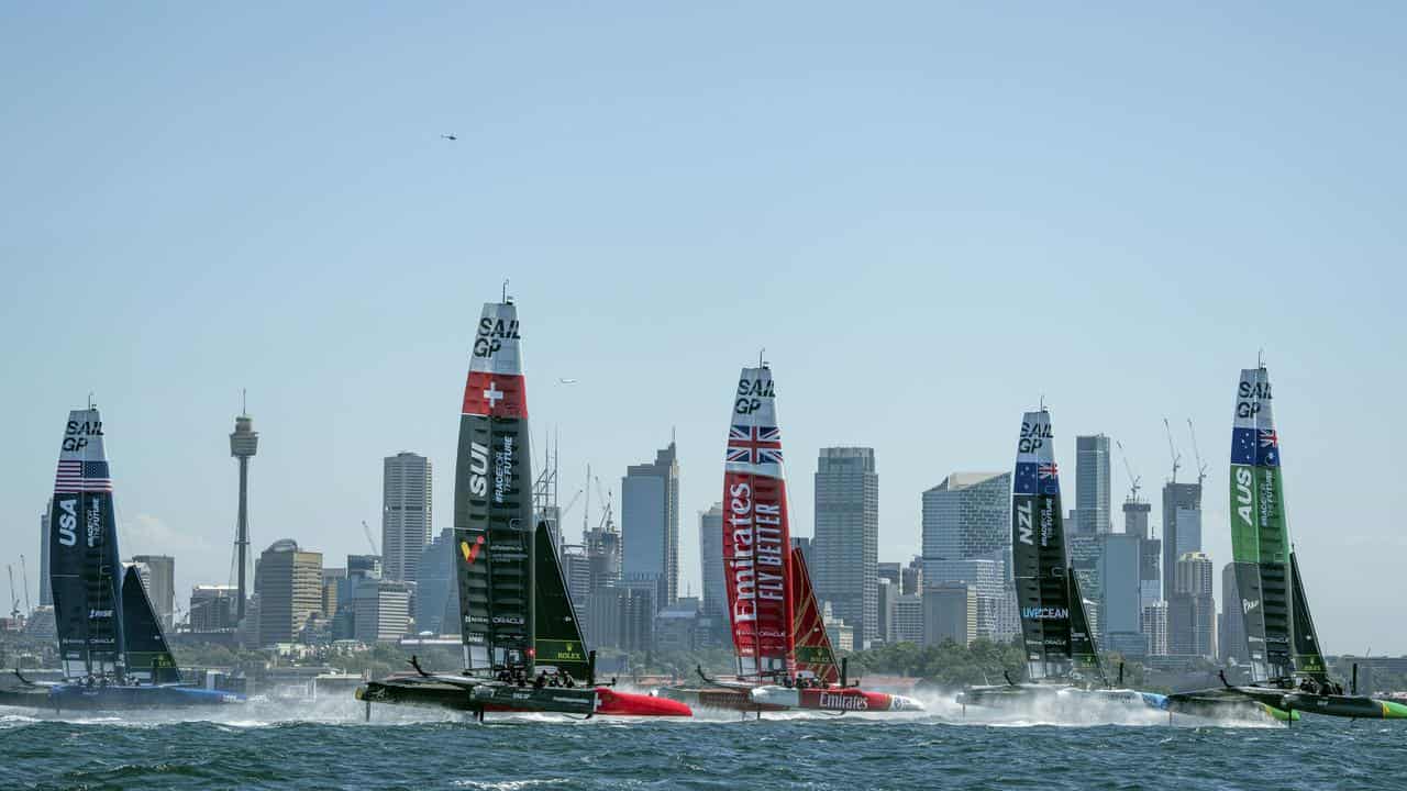 A SailGP race on Sydney Harbour.