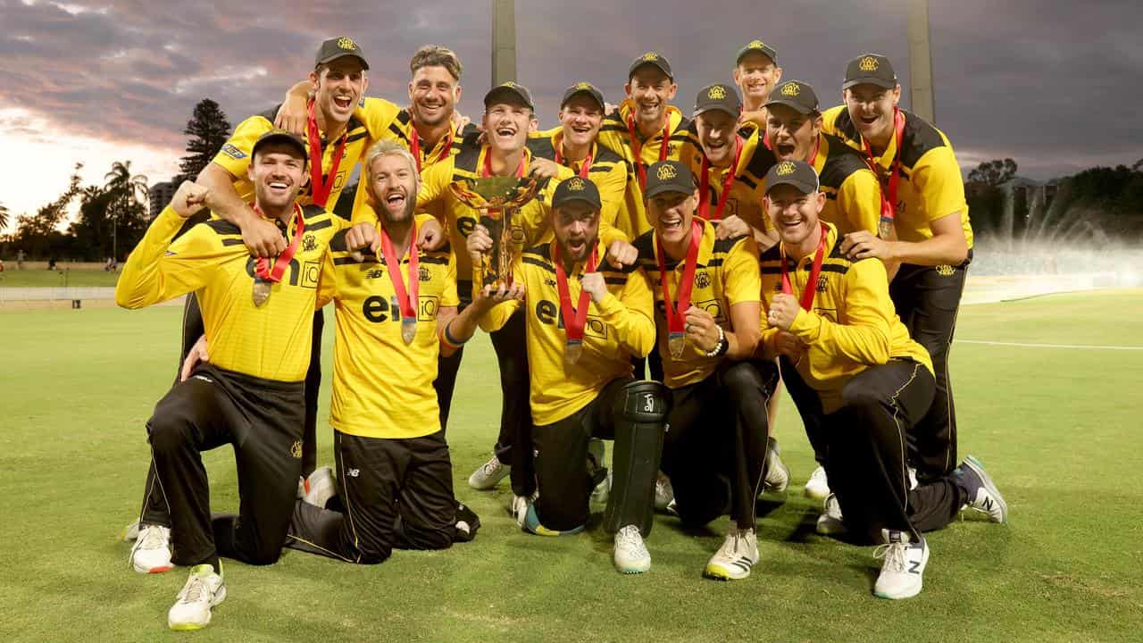 WA players with the 2023 Marsh One-Day Cup trophy.