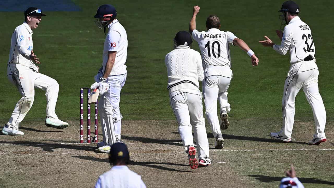 Neil Wagner celebrates his match-winning wicket.