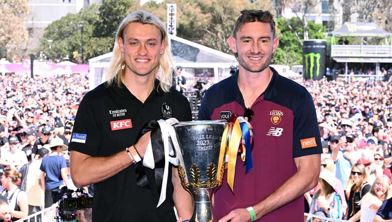 Collingwood's Darcy Moore (left) and Brisbane's Harris Andrews