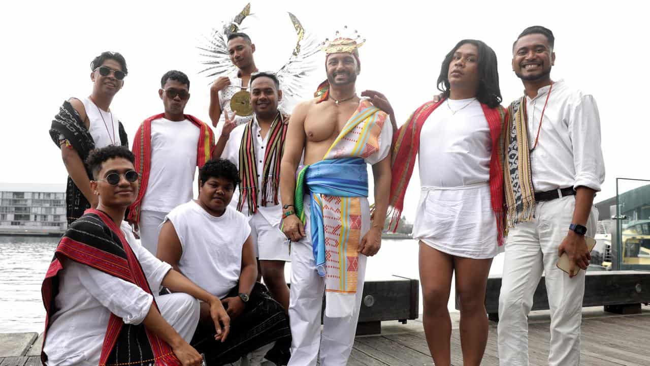 Nuno Carrascalão with performers from the East Timor Mardi Gras float