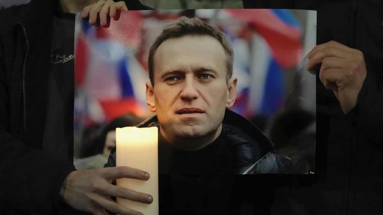 Protesters hold a picture of Alexei Navalny