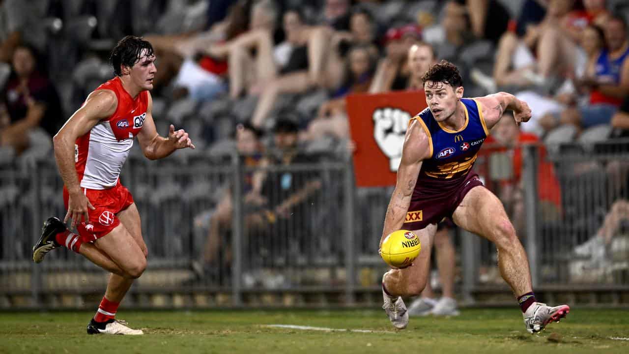 Lachie Neale in pre-season action for Brisbane against Sydney Swans.