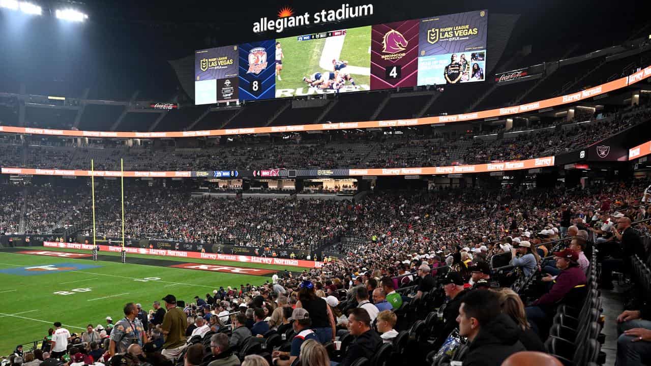 A shot of the Allegiant Stadium crowd for the Roosters-Manly game.