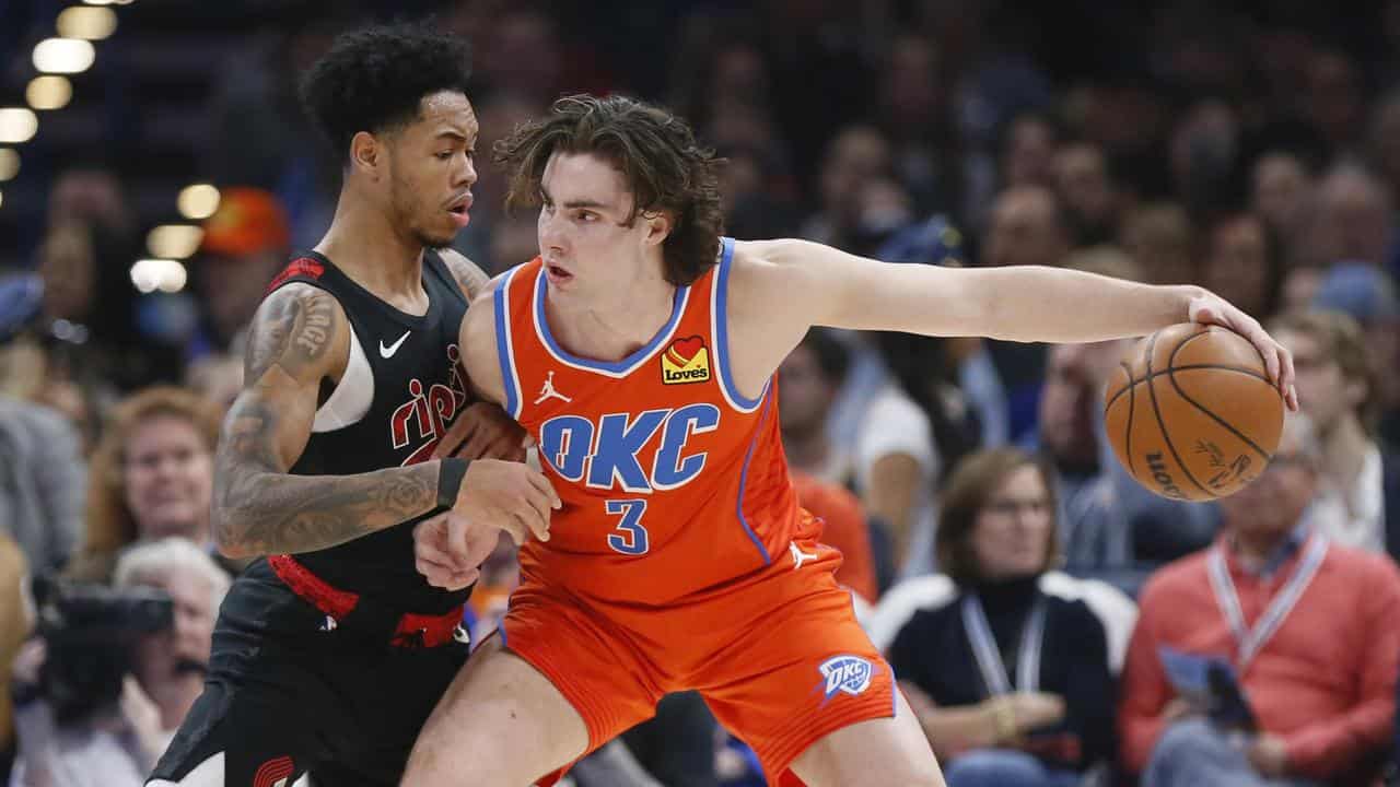 Josh Giddey (right) in NBA action for Oklahoma City Thunder. 