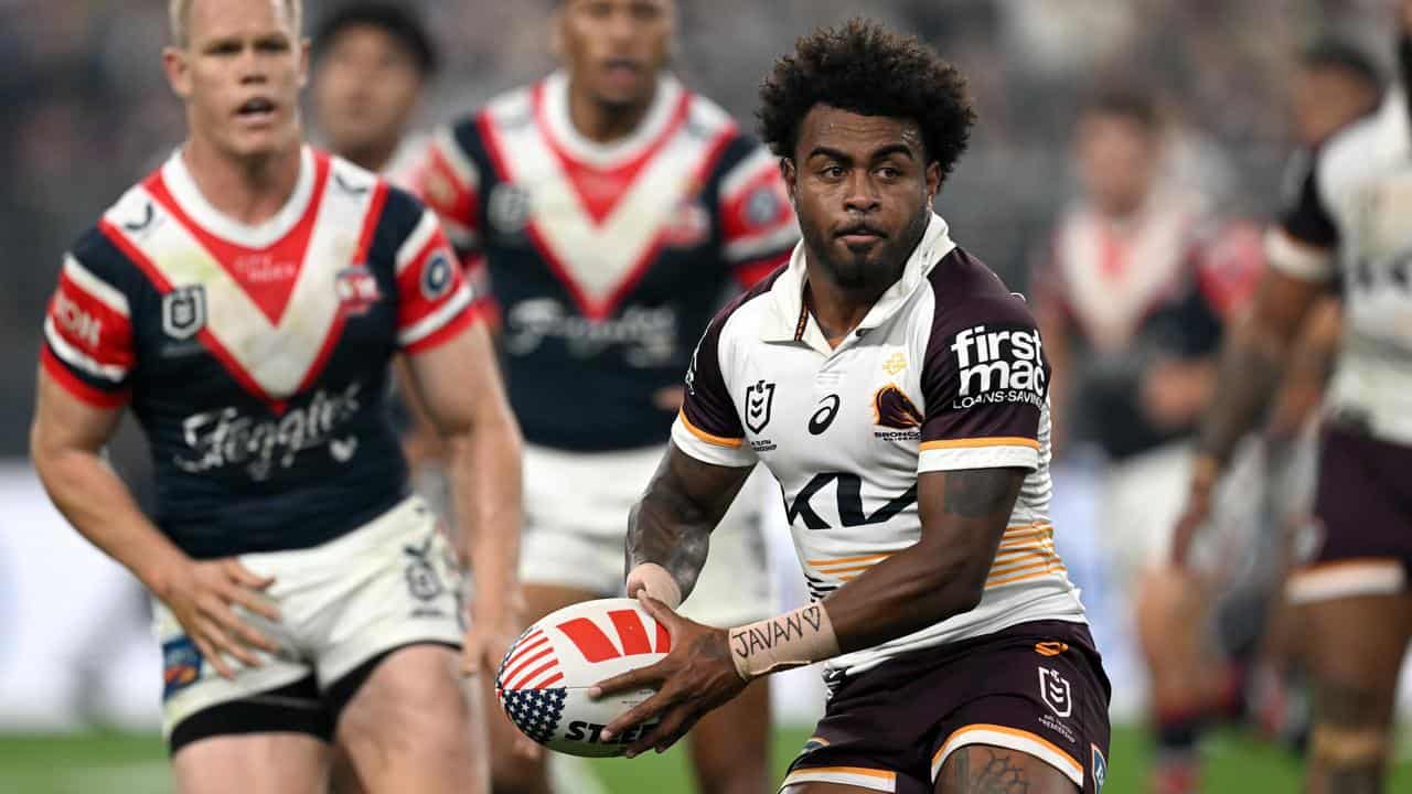 Broncos' Ezra Mam in action against Sydney Roosters in Las Vegas. 