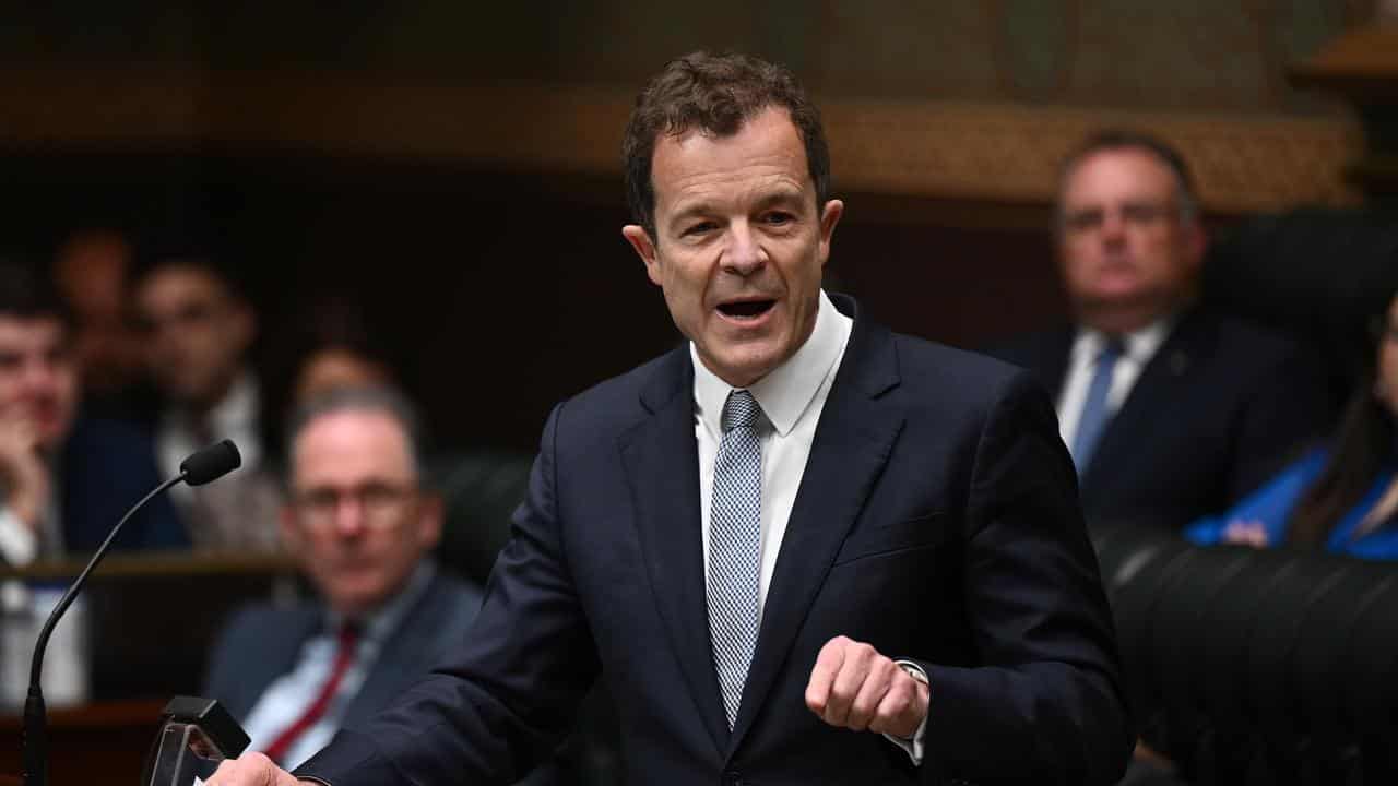 Mark Speakman points while addressing parliament