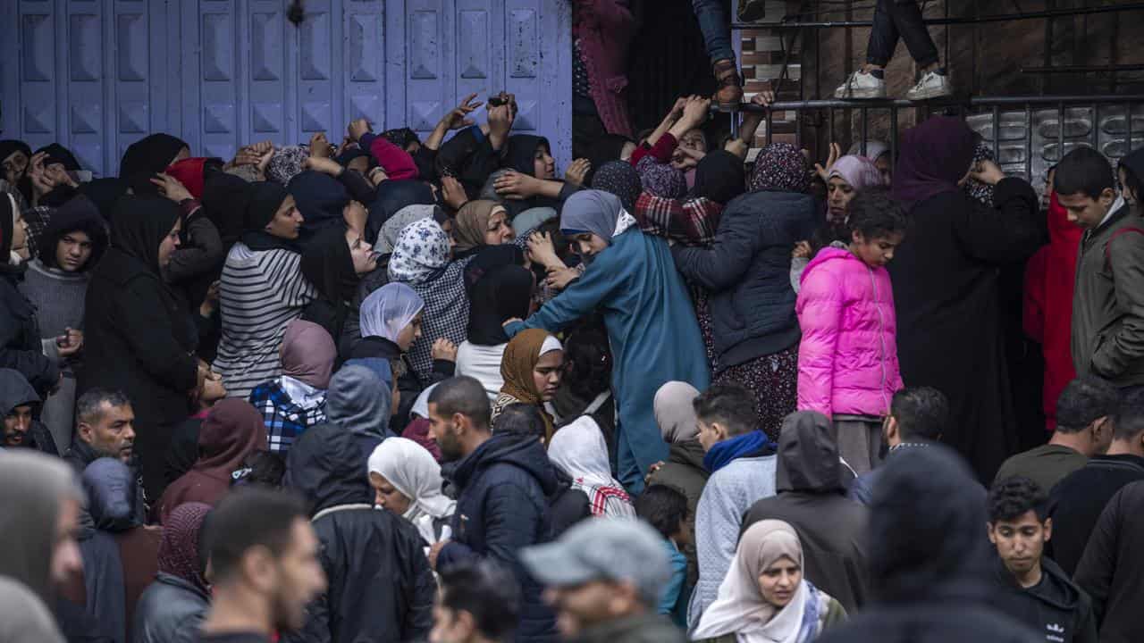 Palestinian crowds struggle to buy bread from a bakery in Rafah